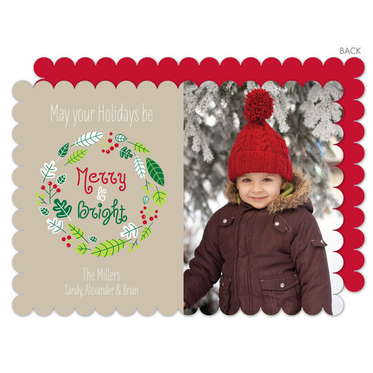 Tan Merry and Bright Wreath Photo Cards